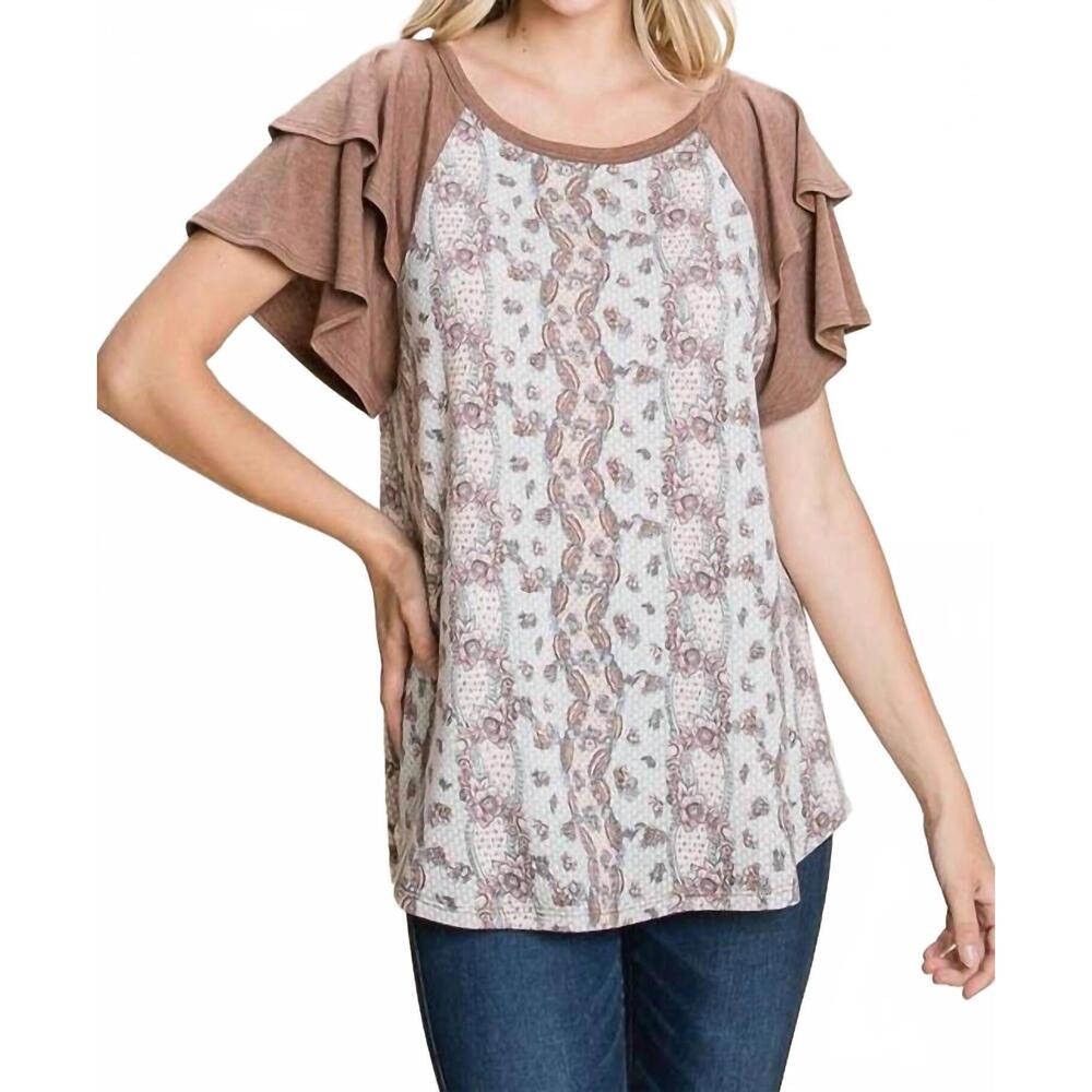 NEW EMERALD COLLECTION floral paisley tiered sleeves top in brown